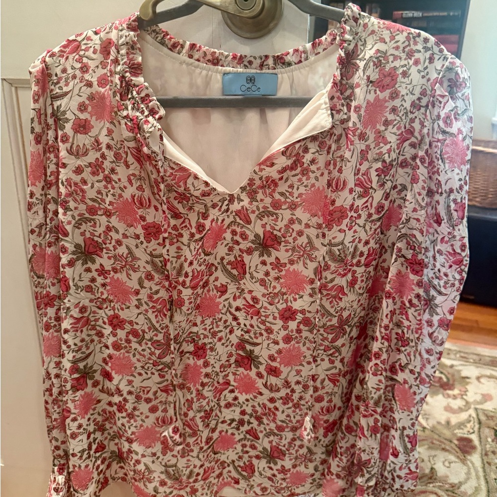 CeCe Floral Pink and Cream Long-Sleeve Blouse